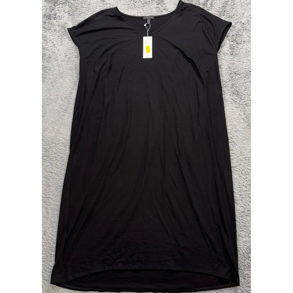 Eileen Fisher Woman Dress 2X Black Viscose Jersey V-Neck Cap Sleeve F6VF-D3471X